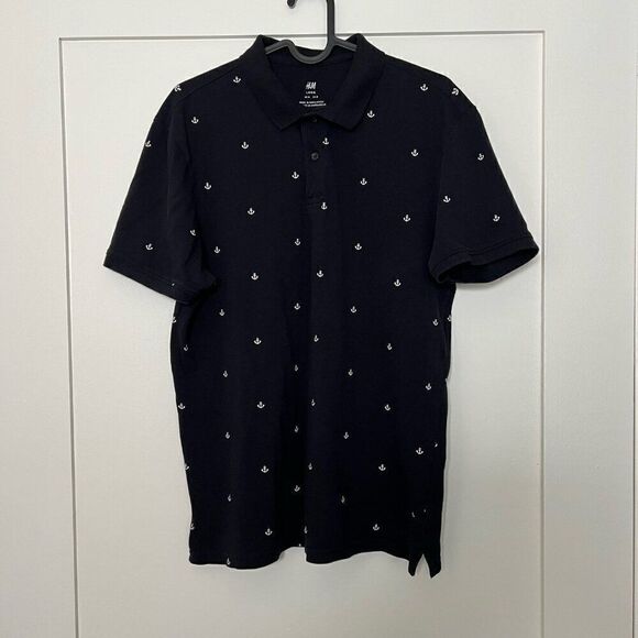 H&M Mens Polo Shirt Medium Navy Anchor Print Short Sleeve Collared Button Cotton - Picture 1 of 13